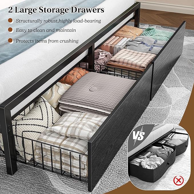 Full Size Bed Frame with Storage Full Bed Frame with LED Light and Charging StationBed Frame Full with Headboard for ApartmentGuest RoomBlack