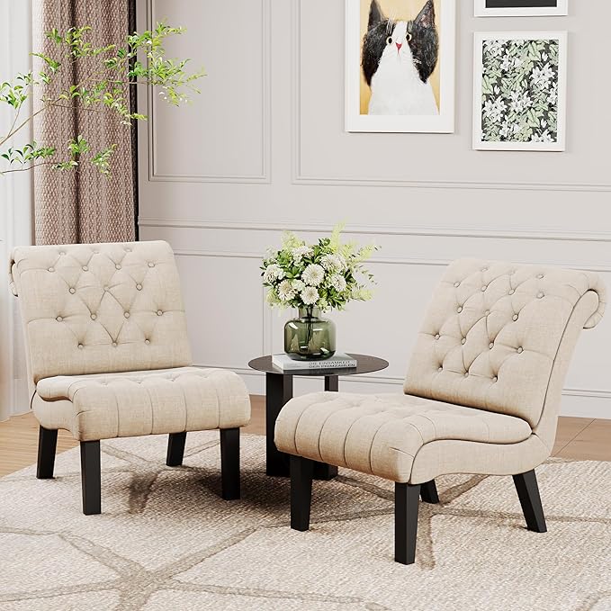 Alunaune Living Room Chair Modern Accent Chair Upholstered Tufted Armless Bedroom Chair Sofa Backrest Fabric Recliner Lounge Chair Wood Legs-Ivory