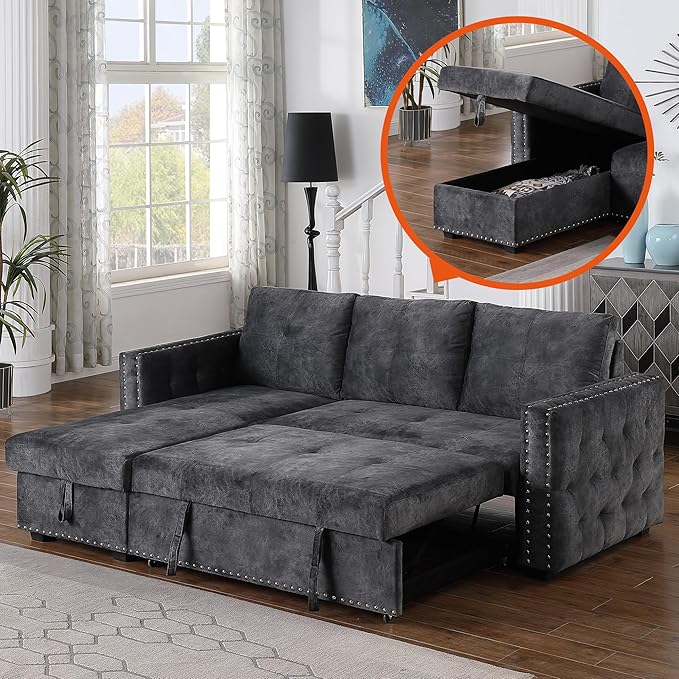 Morden Fort Pull Out Sofa Bed with Storage 91'' Oversized Sleeper Modular Sectional Comfy L-Shape Couch for Living Room Apartment Faux Leather Dark Grey