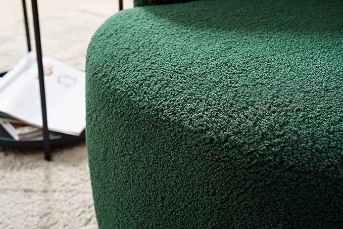 Swivel Accent Armchair Dark Green Teddy Upholstered Barrel Chair with Metal Ring Cozy Reading Chair for Living Room Bedroom Dorm