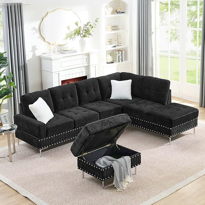 ERYE 102-Inch L-Shaped Corner Sectional Sofa Chenille Upholstered Tufted Corner Sofa Couch with Storage Ottoman and Nailhead DecorModern L-Shaped Convertible Couches