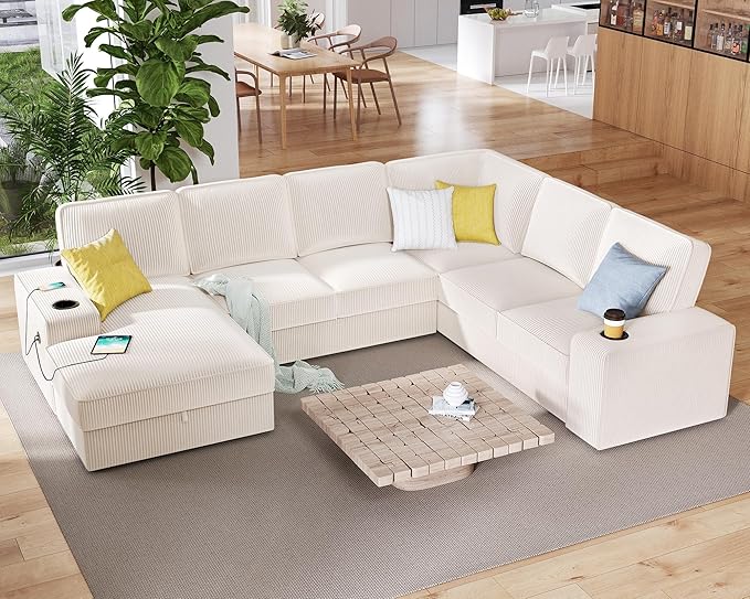 PaPaJet U Shaped Couch 112 Inch Oversized Couch with Storage Chaise Sectional Sofa with Cup Holders &amp 2 USB Ports Corduroy Beige Sofa