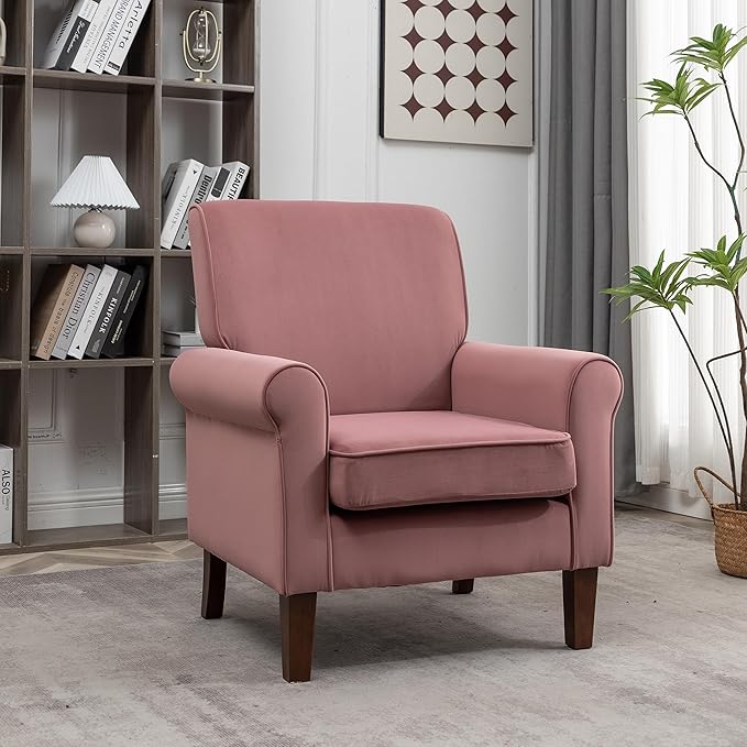 Classic Accent Armchair with Birch Wood Frame and Comfortable Rolled Armrests Arm Chairs for Living Room Bedroom and Office Decor Rose