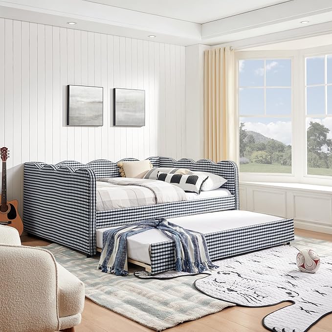 Cozy Gingham Daybed with Trundle Twin Size Sofa Bed No Box Spring Needed with USB Port and Adorable Wave Shaped Linen Fabric Navy (Full+Navy)