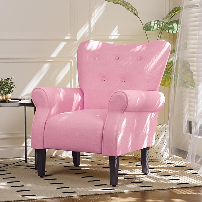 MELLCOM Mid Century Wingback Arm ChairModern Upholstered Fabric High Back Accent Chair with Wood LegsUpholstered Single Sofa Club Chair for Living Room Bedroom Home Office Light Pink