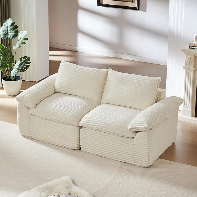 80-Inch Boneless Love Seat Couches in a Box Modern 2 Seat Floor Modular Foam Cloud Sofa Corduroy Loveseat Couch W/Pillow-top Armrests for Home Apartments Bedroom