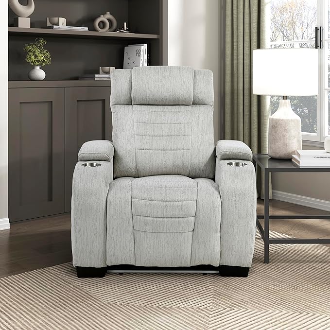 Lexicon Wall Hugger Manual Reclining Chair Microfiber Manual Recliner with Cup Holders/Hidden Arm Storage/LED Base Lighting Home Theater Seating for Living Room Light Gray