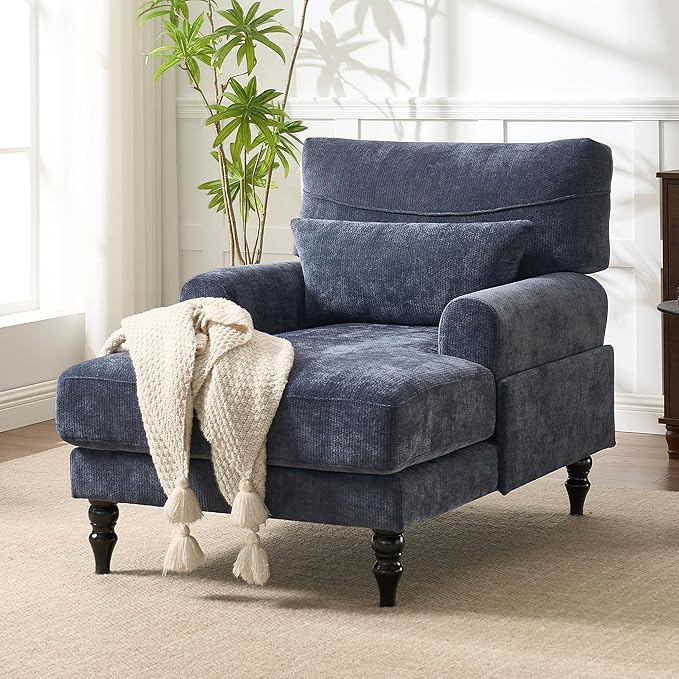 Chaise Lounge Chair Indoor Modern Leisure Sleeper Sofa Chair w/Double Deep Cushion Accent Upholstered Reading Side Armchair Recliner Arm Chairs for Living Room &amp Bedroom Easy AssemblyBlue
