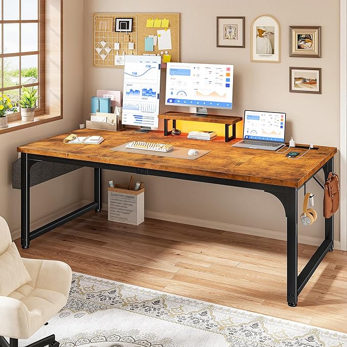 Computer Desk with 0.95 Inch Thicker Desktop &amp Monitor Stand &amp Storage Bag Office Desk with Power Outlets Gaming Desk with LED Light Writing Desk for Home Office Study Bedroom Brown