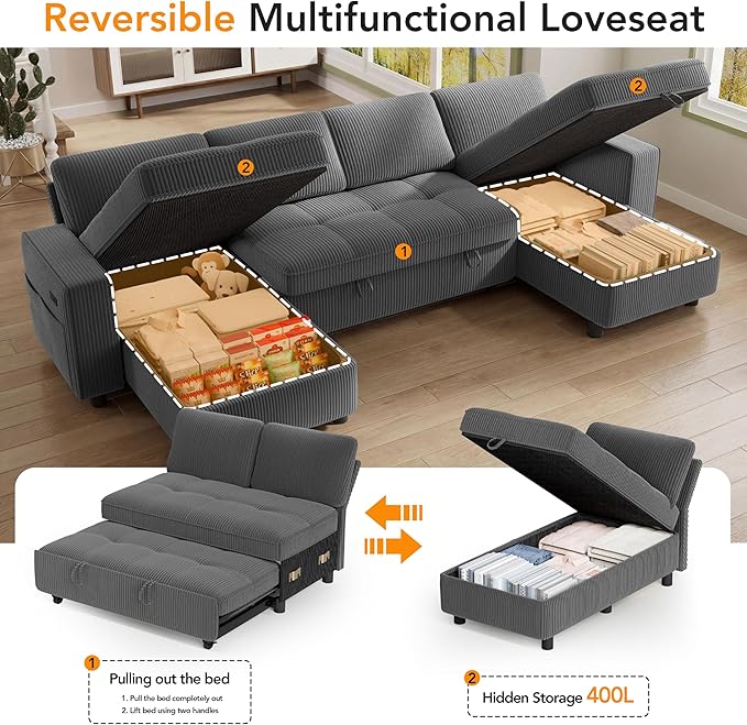 WEUP 105 Sectional Sofa with Pull Out Bed U Shaped 4 Seat Sleeper Sofa with 2 Storage Adjustable Backrest USB Ports Tool-Free Assembly Plush Corduroy Sectional Couches for Living Room Dark Grey