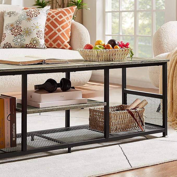 VECELO Industrial TV Stand for Televisions up to 65 Inch 55 Entertainment Center with Open Storage Shelves for Living Room/Bedroom 3 Tiers Media Console Table with Metal Frame Grey 55 Inches