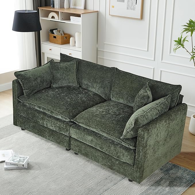 Setawix Chenille Loveseat Sofa Couch with Deep SeatLarge 2 Seater Cloud Couches for Living Room77.16 Roomy Cloud SofasModular Sectional 2 Seat Sofa with Pillows for Bedroom. (Green 2 Seater)