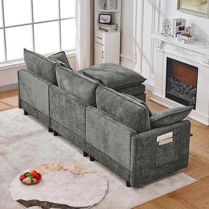 KEIKI 101.9 Modular Sectional Sofa with Movable Ottoman 3 Seat Modern Sofa Set L-Shape Sectional Couches for Living Room Apartment Gray