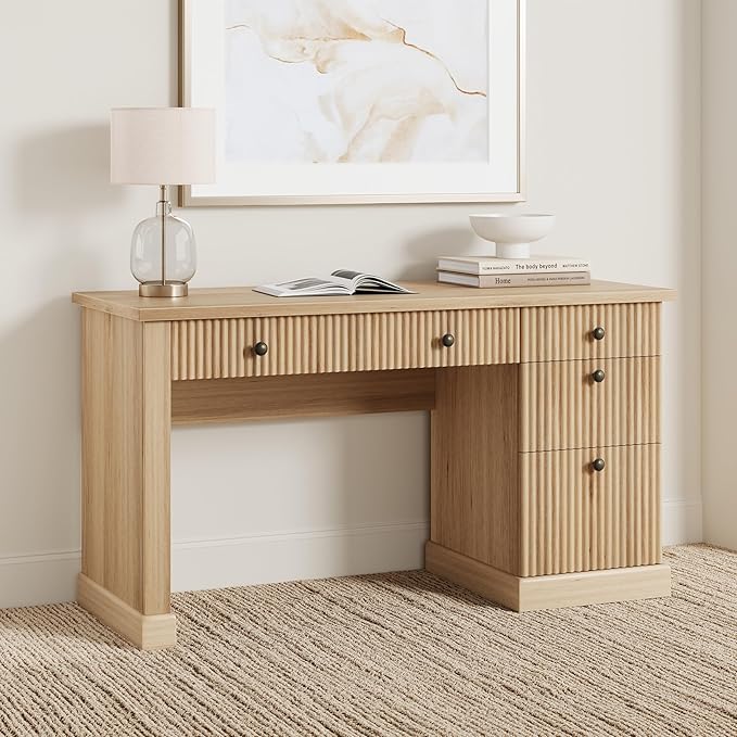 IDEALHOUSE 54 Inch Modern Executive Desk with Charging Station USB-C/A &amp 6.56ft Cord - Fluted Office Desk with File Drawers Computer Desk for Home Office Burlywood