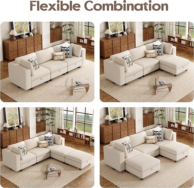Modular Sectional Sofa Oversized L Shaped Sectional Couch with Storage Ottoman Modular Couch with Large Deep Seat Comfy Convertible Sectional Couches for Living Room and Apartment Beige