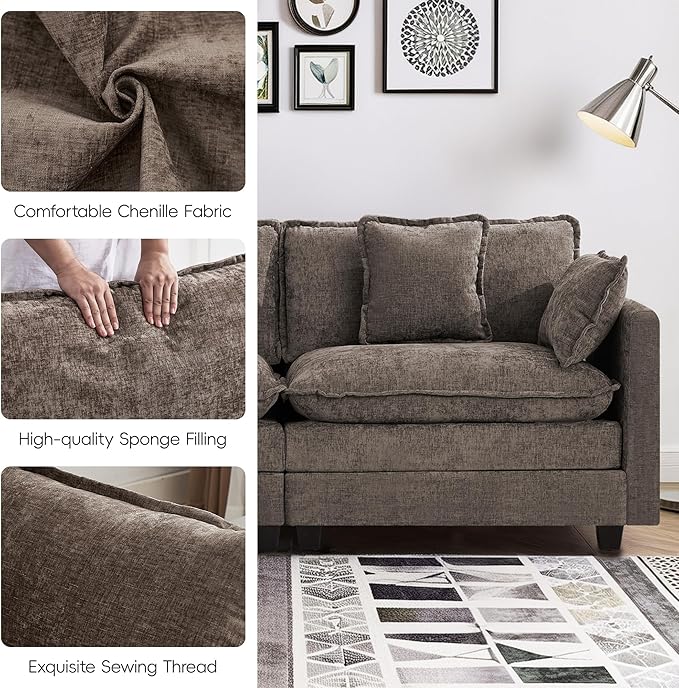 Cloud Couch Loveseat with Ottoman Oversized Comfy Modular Sectional L Shaped Sofa with Deep Seat Cushions Chenille 2-Seater Lounge Set for Living Room Brown