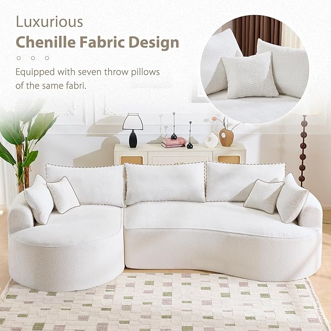Modern 124.5 Compressed Boneless White Chenille Fabric Arc Sectional Sofa with 7 Pillows - No Assembly Curved Living Room Couch for Contemporary Spaces
