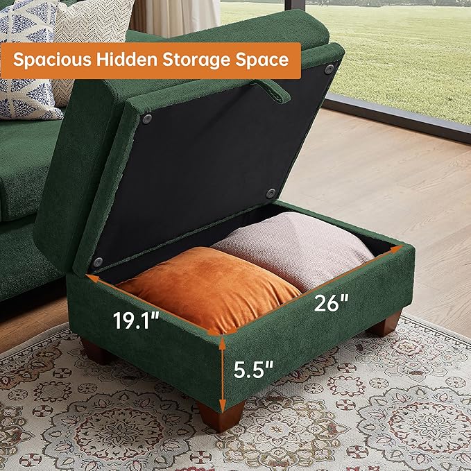 4-Seat Sectional Couches for Living Room Bedroom Office L Shape Convertible Sectional Sofa Couch with Ottoman and Cup Holders Green