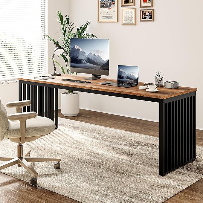 LITTLE TREE Two Person Desk 78.74 Extra Long Computer Desk for 2 People Rustic Brown Wooden Double Study Desk with Black Heavy Duty Metal Legs Large Business Workstation for Home Office