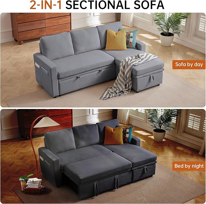 79 Sectional Sofa Couch L Shaped Sleeper Sofa Bed with Reversible Storage Chaise Side Pockets Durable Cushions Convertible Pull Out Bed Couch for Living Room Light Grey