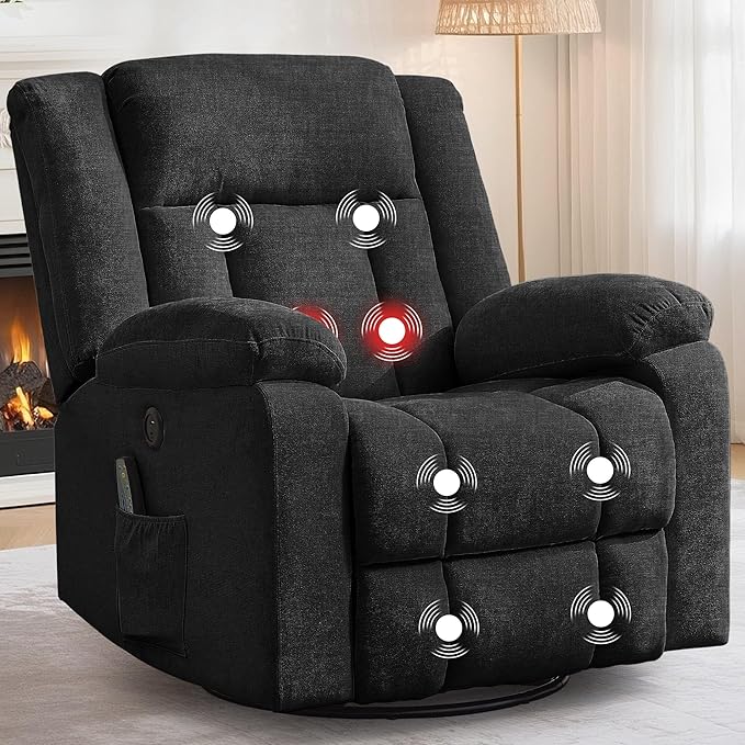 Rocker Recliner Glider Recliner Chairs for Adults 360° Swivel Rocking Chair with Massage and Heating Nursery Chair with Storage and USB Charging for Living Room Bedroom Nursery