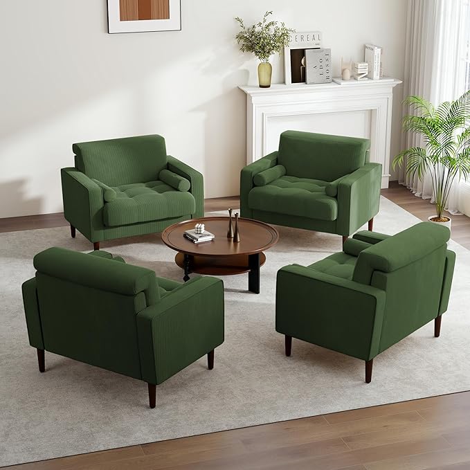 UIXE Accent Chair Corduroy Fabric Upholstered Armchair for Living Room Comfy Arm Chair Single Sofa Bedroom Reading Seat with Solid Wood Legs - Green