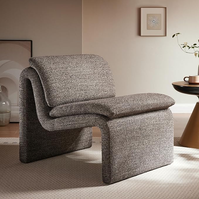 Modway Lume Curved Lounge Chair in Antique Boucle Fabric – Modern Upholstered Armless Accent Chair with Padded Cushion - Unique Slipper Chair for Bedroom or Living Room