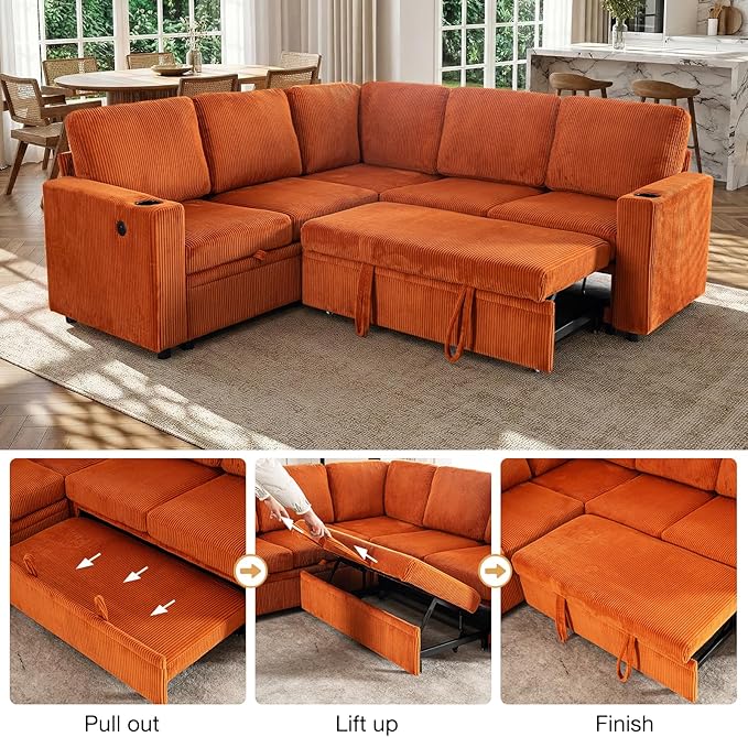 83 Sleeper Couch with Pull Out Sofa Bed 5-Seater Sectional Couches for Living Room L-Shaped Couch with Storage USB Port &amp Cup Holder Corduroy Convertible Corner Sofa for Apartment