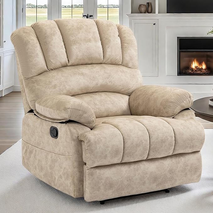 Luxlen Large Manual Recliner ChairSoft Fabric Push Back Recliner with Overstuffed Armrest and Backrest Living Room Single Sofa ReclinersBeige