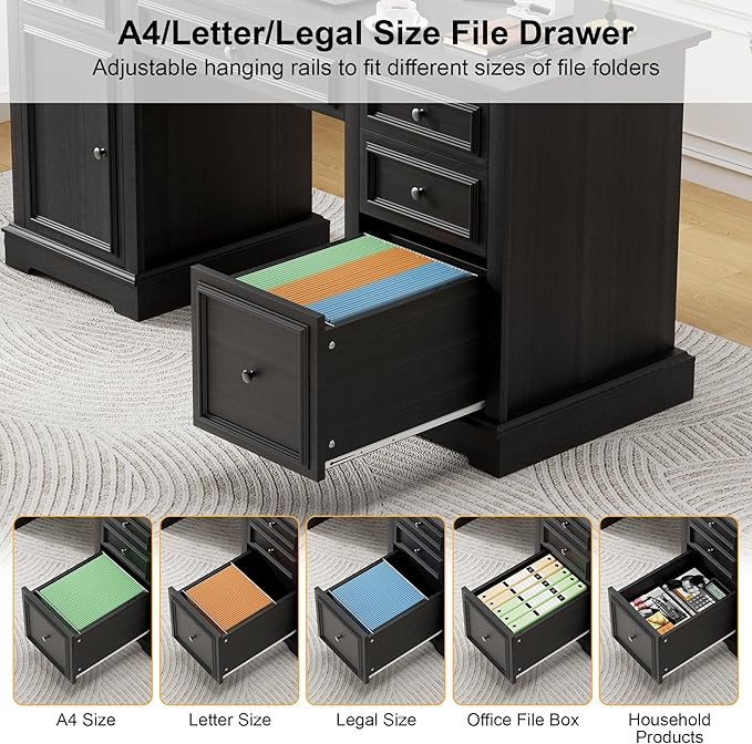 Vipbear 60 Farmhouse Executive Desk with Drawers and Cabinet Embossed Texture Wood Home Office Desk Rustic Computer Writing Desk Workspace for Work Study Writing Black