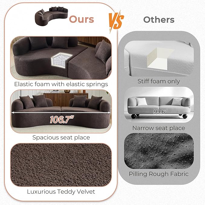 106.7'' Modern Curved Sectional Sofa Luxury Teddy Velvet Upholstered Couch Comfy Cloud Compressed Sofa with 4 Pillows for Living Room Apartment No Assembly Needed Brown