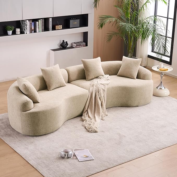 Yoglad 110‘’ Boneless Curved Sofa Modern Cloud 4-Seater Floor Couch Minimalist Compression Sofa for Living Room Apartment Studio Office No Assembly Needed(Chenille Beige Pink)