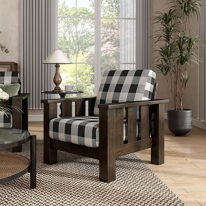 Furniture of America Gavik Modern Solid Wood Arm Chair with Plaid Removable Cushions Black and White Upholstery Fabric Comfortable Upholstered Seating for Living Room Guest Room Dark Walnut