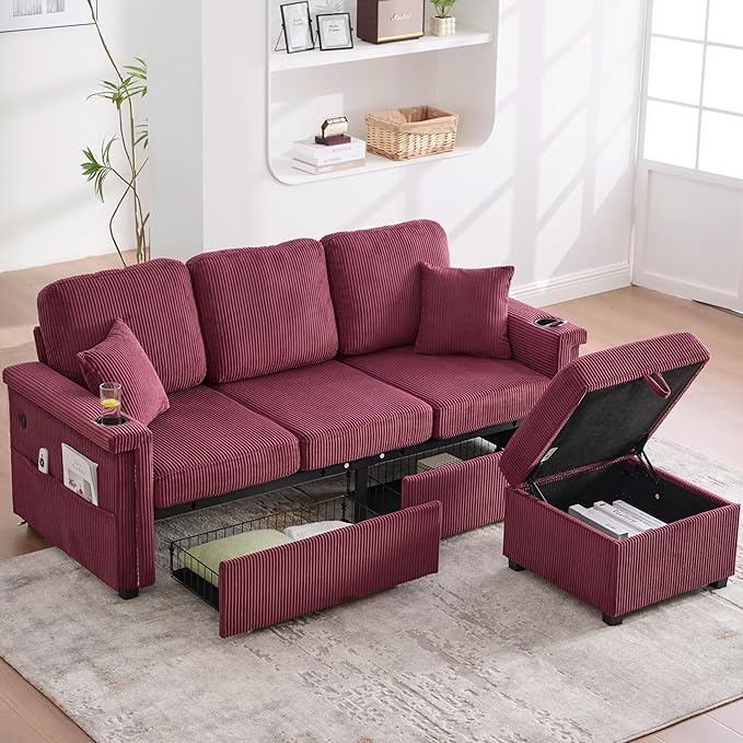 L Shaped Sectional Sofa with Storage &amp Movable Ottoman 76 Corduroy 3 Seater Sectional Couch with USB Charging Cup Holder &amp LED Light Couches for Living Room Wine Red