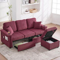L Shaped Sectional Sofa with Storage &amp Movable Ottoman 76 Corduroy 3 Seater Sectional Couch with USB Charging Cup Holder &amp LED Light Couches for Living Room Wine Red