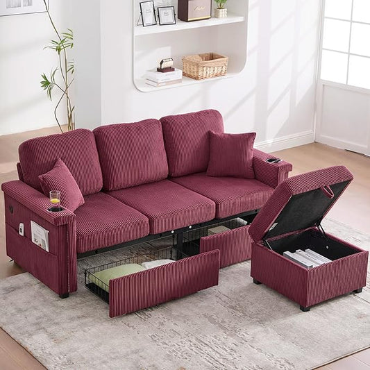 L Shaped Sectional Sofa with Storage &amp Movable Ottoman 76 Corduroy 3 Seater Sectional Couch with USB Charging Cup Holder &amp LED Light Couches for Living Room Wine Red