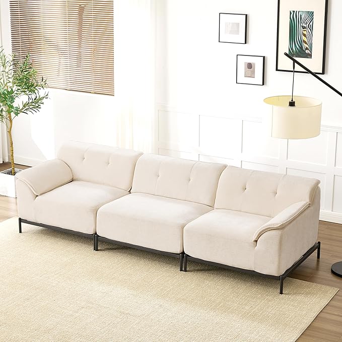 VKNOW 106 Couches for Living Room Modular Sectional Sofa with Wide Armrests and Solid Iron Frame Compressed Couch for Living RoomOfficeChenille FabricBeige
