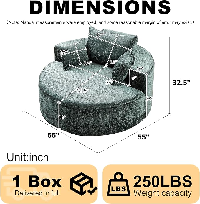 55 Oversized Round Chair Cozy Chenille Upholstered Circle Round Sofa Deep Seat Accent Chair for Living Room Bedroom &amp Reading No Assembly Required Green