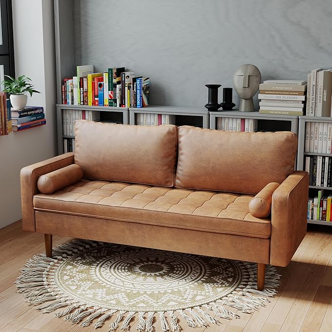 70 Loveseat Sofa Couch Mid-Century Vintage Couches 2 Seat Faux Leather with Solid Wood Frame Deep Seat 2 Pillows for Living Room Apartment Office Small Spaces Brown