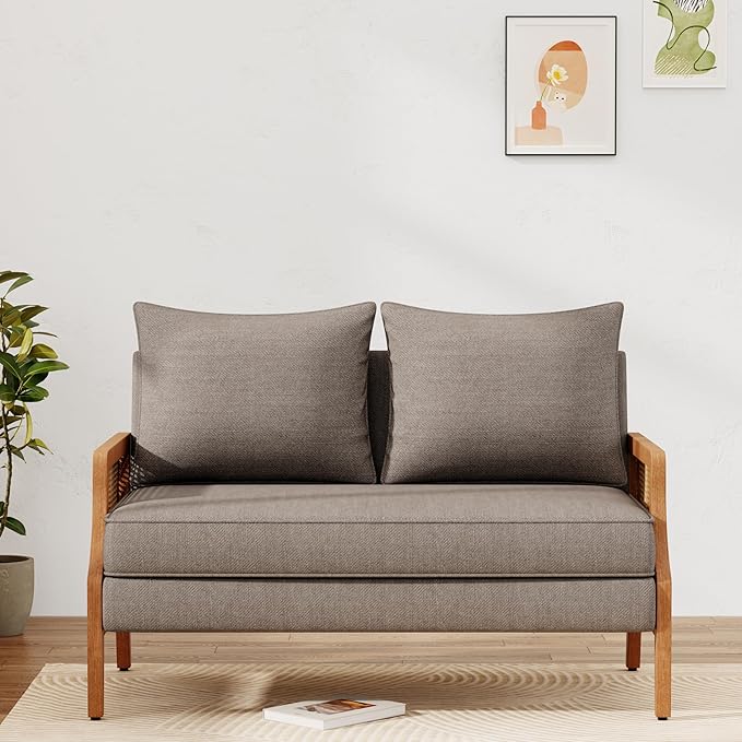 Loveseat Sofa Couches with Rattan Arms and Pillows for Living Dining Room Bedroom Office Entryway Small Spaces Taupe