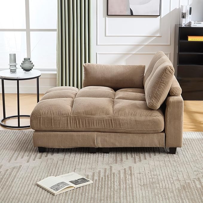 Oversized Lounge Chaise Convertible Sleeper Sofabed Corduroy Sleeper Daybed Indoor Recliner Chair Sofa Bed with Cupholders and Adjustable Headrests for Living Room Bedroom Reading Home Apartment
