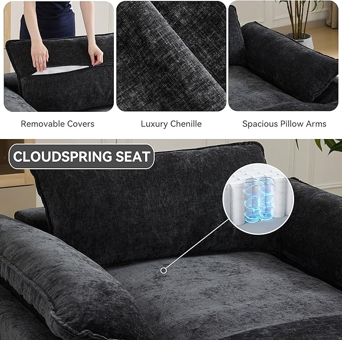 57 Oversized Boneless Chaise Lounge Chair with Ottoman Indoor Comfy Chenille Upholstered Sofa Bed with Armrest No Assembly Deep Seat Sleeper Armchairs Couch for Living Room Bedroom Dark Grey