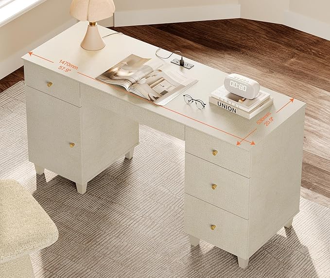 WAMPAT Desk with Drawers &amp Storage Cabinet 58 Inch Beige Wood Desk with Charging Station Modern Home Office Large Wooden Executive Computer Desk Vanity Desk for Bedroom