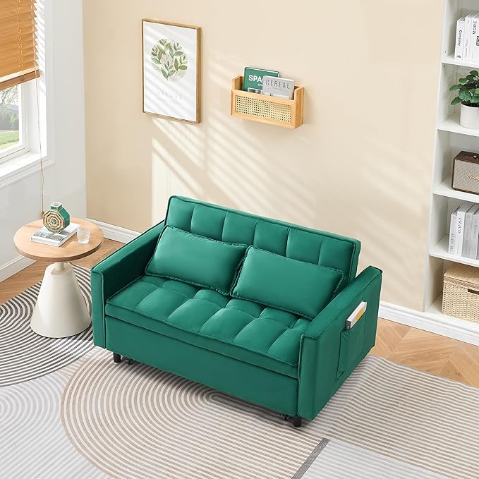 3 in 1 Convertible Sofa BedModern Velvet Loveseat Sleeper Sofa Bed with Adjustable Backrest Storage Pockets and PillowsSuitable for Living RoomGuest RoomGreen