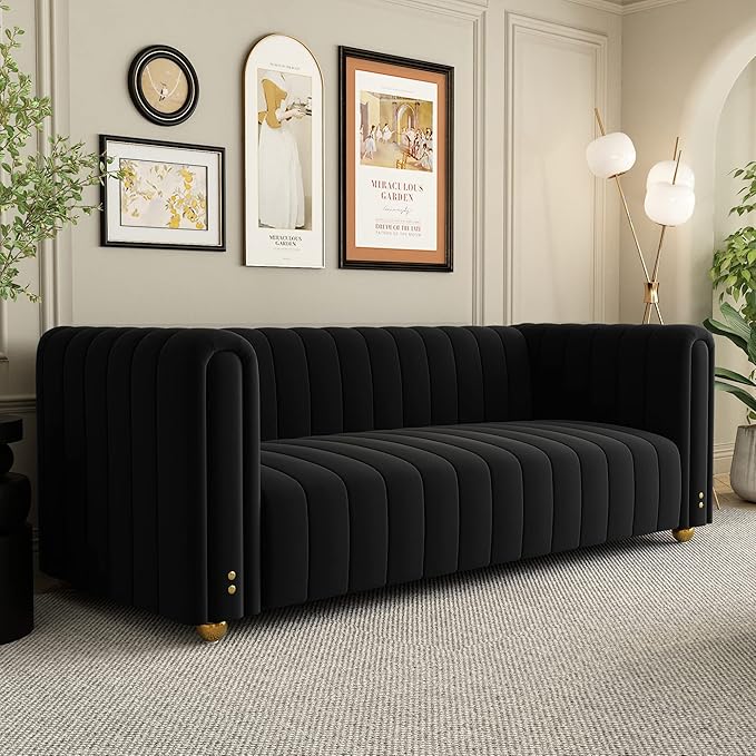 Emerald Green Velvet Couch 80 Inch Wide Mid-Century Modern Sofa Velvet Tufted Upholstered Velvet Sofa Love Seats Sofa with Golden Leg 3 Seat Sofa Big Comfy Couch Sofas for Livingroom (BlackA)
