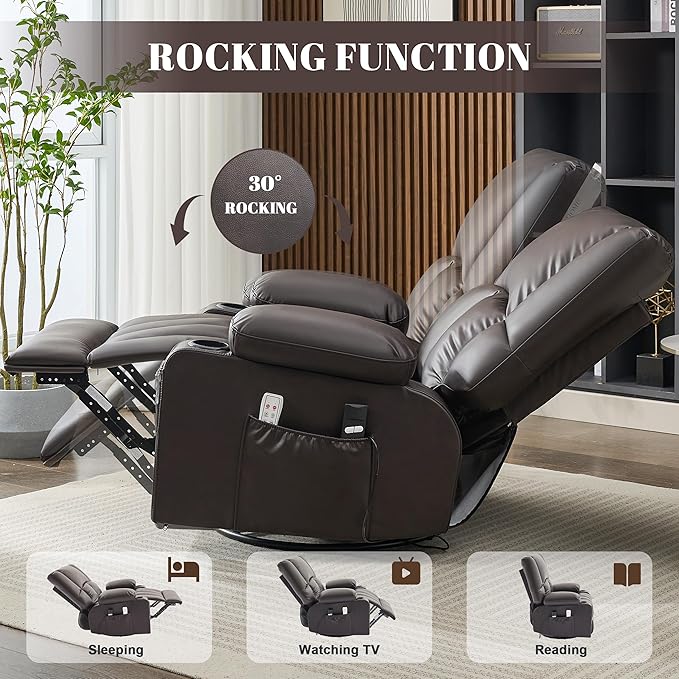 Oversized Recliner Chairs for Adults 270° Swivel Rocker Recliner with Heat and Massage Lazy Boy ReclinerRecliner Chairs Single Sofa Seat with Cup Holders (DarkbrownElectric)