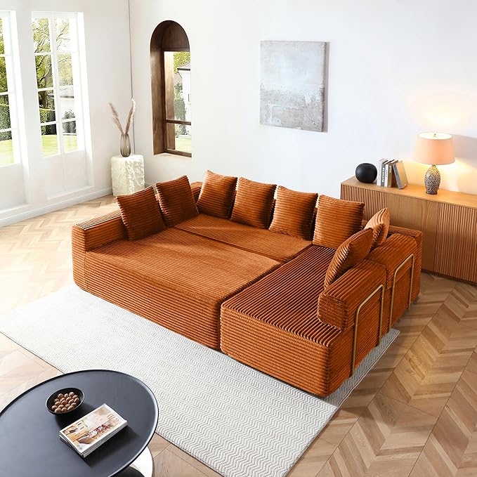 145 inch Modern Sectional Couch for Living Room Oversized Cloud Boneless Couch with Freely Movable Armrest and Fixed-Shape Frame Orange Modular Sofa U Shape Couches | No Assembly Required Free Comb