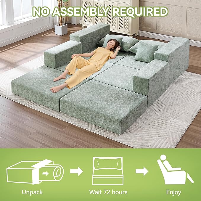 79 Boneless Loveseat Sofa Couch Modular Foldable Floor Cloud Sofa with Ottoman Lounge Convertible Sofa Bed for Living Room No Assembly Chenille Green