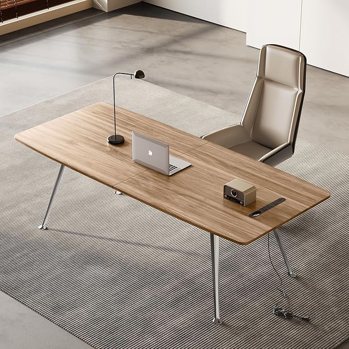 Writing Computer Desk 60-Inch Large Executive Desk Office Workstation with Chrome-Plated Legs and Built-in Power Outlet Writing Table Business Furniture Modern Minimalist Style for Home Office