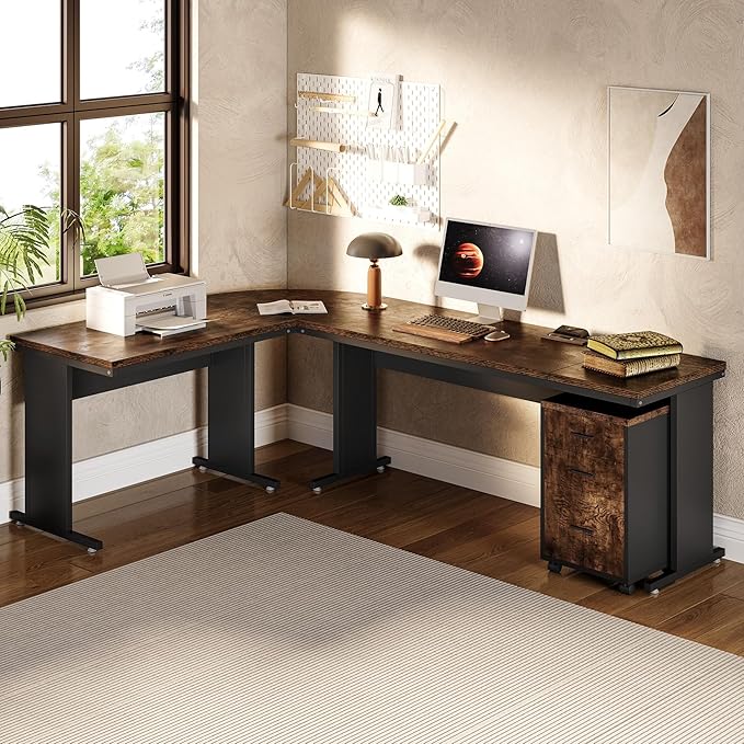LITTLE TREE 83 Inch L-Shaped Office Desk with Drawers Large Executive Office Desk with Storage Wooden Computer Desk with File Cabinet Modern Work Desk for Home Office Brown